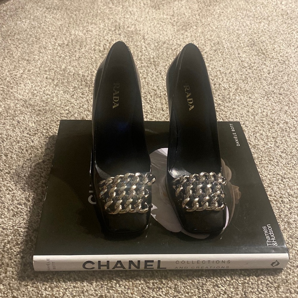 Prada Patent Leather Square Toe Pump with Chain Link